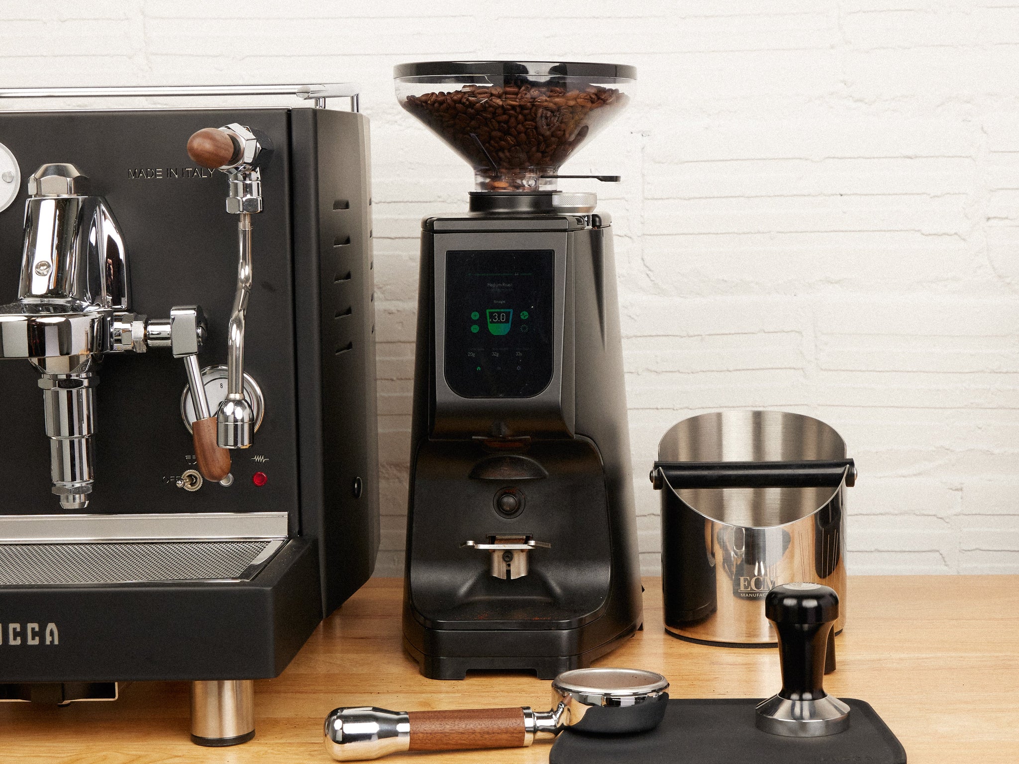 LUCCA M58 Espresso Machine, LUCCA Atom 75 Grinder, LUCCA Stainless Steel Espresso Tamper, Clive Coffee, knockout